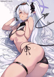 Rule 34 | 1girl, ass, bare shoulders, bikini, black bikini, black gloves, blue archive, blush, breasts, choker, commentary request, dark-skinned female, dark skin, demon tail, eyewear on head, gloves, grey hair, hair over one eye, hair ribbon, halo, hong (white spider), iori (blue archive), iori (swimsuit) (blue archive), long hair, looking at viewer, lying, medium breasts, navel, on side, open mouth, pointy ears, red eyes, ribbon, solo, sunglasses, swimsuit, tail, thigh strap, thighs, twintails, variant set, very long hair