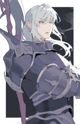 Rule 34 | 1boy, armor, artist name, black background, border, breastplate, commentary, crossed arms, dragoon (final fantasy), elezen, elf, estinien varlineau, expressionless, final fantasy, final fantasy xiv, floating hair, gauntlets, grey eyes, grey hair, highres, lance, looking ahead, male focus, medium hair, milka (milk4ppl), open mouth, outside border, pauldrons, pointy ears, polearm, ponytail, shoulder armor, signature, solo, upper body, weapon, weapon on back, white border