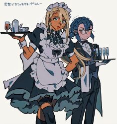 Rule 34 | 1boy, 1girl, :d, apron, back bow, black bow, black bowtie, black coat, black dress, black pants, black thighhighs, blonde hair, blue hair, bow, bowtie, braid, brown eyes, butler, center frills, closed mouth, coat, coattails, collared dress, collared shirt, crossdressing, crown braid, cup, dark-skinned male, dark skin, dress, expressionless, female butler, frilled apron, frilled shirt collar, frills, gloves, green eyes, grgrton, gundam, gundam suisei no majo, hair between eyes, hand on own hip, holding, holding tray, long hair, maid, maid headdress, male maid, monocle, open mouth, pants, sabina fardin, saucer, shaddiq zenelli, shirt, simple background, smile, teacup, teapot, thigh strap, thighhighs, traditional bowtie, tray, tuxedo, waistcoat, white apron, white background, white bow, white gloves, white shirt, wrist cuffs
