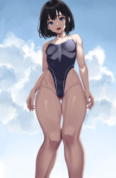 Rule 34 | 1girl, black hair, blue eyes, breasts, covered navel, from below, gluteal fold, highleg, highleg swimsuit, highres, indy k, looking at viewer, medium breasts, one-piece swimsuit, open mouth, original, short hair, sky, solo, standing, swimsuit