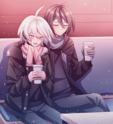 Rule 34 | 2boys, :d, ahoge, black jacket, black sweater, blush, brown hair, brown scarf, cheer (cheerpuppy14), closed eyes, crossed legs, cup, danganronpa (series), danganronpa v3: killing harmony, disposable cup, fur trim, grey hair, grey scarf, highres, holding, holding cup, jacket, k1-b0, long sleeves, male focus, multiple boys, open clothes, open jacket, open mouth, pants, saihara shuichi, scarf, short hair, sitting, sleeves past wrists, smile, sweater, table