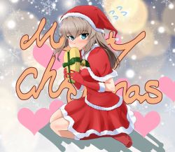 Rule 34 | 1girl, abimaru gup, absurdres, bell, blue eyes, blush, boots, breasts, cape, christmas, cleavage, commentary request, covering own mouth, cursive, dress, english text, flying sweatdrops, from side, gift, girls und panzer, gloves, hat, heart, heart background, highres, holding, holding gift, holly, itsumi erika, jingle bell, long hair, medium breasts, merry christmas, red cape, red footwear, red gloves, red hat, santa boots, santa costume, santa dress, santa gloves, santa hat, short dress, silver hair, sitting, snowflake background, solo, text background, wariza