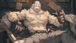Rule 34 | 1boy, abs, animal ears, arknights, bara, belt, black belt, bulge, chest hair, couch, feet out of frame, fingerless gloves, fluffy, furry, furry male, gloves, grey pants, highres, large pectorals, male focus, mountain (arknights), muscular, muscular male, navel, no nipples, pants, pectorals, revision, scar, scar across eye, scar on face, short hair, sitting, solo, spread legs, tail, tengo (maotengo), tiger boy, tiger ears, tiger stripes, tiger tail, topless male, white fur, white hair