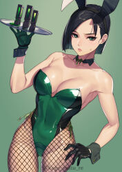Rule 34 | 1girl, absurdres, animal ears, bare shoulders, black gloves, black hair, breasts, cleavage, detached collar, fishnet pantyhose, fishnets, gloves, green eyes, green leotard, highleg, highleg leotard, highres, kagematsuri, large breasts, leotard, lips, pantyhose, playboy bunny, rabbit ears, short hair, solo, tray, valorant, viper (valorant), wrist cuffs