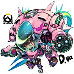 Rule 34 | 1girl, acronym, aiming, aiming at viewer, artist name, blue bodysuit, bodysuit, brown eyes, brown hair, character name, chibi, controller, d.va (overwatch), emblem, facepaint, facial mark, flying, frown, full body, gloves, headphones, high collar, joystick, logo, looking at viewer, mecha, meka (overwatch), open mouth, overwatch, overwatch 1, pilot suit, piloting, robot, serious, sharp teeth, shoulder pads, sido (slipknot), signature, simple background, skin tight, solo, swept bangs, teeth, whisker markings, white background, white gloves