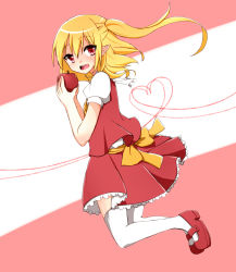 Rule 34 | 1girl, apple, ascot, blonde hair, dress, fangs, flandre scarlet, food, frills, fruit, full body, heart, heart of string, highres, looking at viewer, looking back, mary janes, no headwear, no headwear, no wings, open mouth, pointy ears, puffy short sleeves, puffy sleeves, red dress, red eyes, red footwear, ribbon, sash, shirt, shoes, short hair, short sleeves, side ponytail, skirt, solo, thighhighs, touhou, vest, white thighhighs, yukina (masyumaro610)