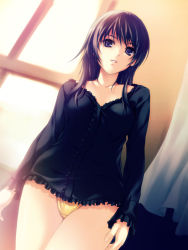 Rule 34 | 1girl, arms at sides, black shirt, blouse, blue eyes, brown hair, center frills, coffee-kizoku, cowboy shot, frills, from below, indoors, long hair, no pants, one-piece swimsuit, original, panties, shirt, solo, swimsuit, swimsuit under clothes, underwear, v-neck, window, yellow one-piece swimsuit