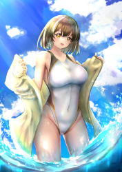 Rule 34 | 1girl, absurdres, arknights, blue sky, breasts, brown hair, cloud, commentary request, competition swimsuit, contrapposto, covered navel, day, highleg, highleg swimsuit, highres, jacket, large breasts, looking at viewer, magallan (arknights), multicolored hair, one-piece swimsuit, open clothes, open jacket, outdoors, poni (poni arknights), short hair, sky, solo, standing, streaked hair, swimsuit, swimsuit cover-up, white hair, white one-piece swimsuit, yellow eyes, yellow jacket
