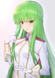 Rule 34 | 1girl, 2019, adjusting hair, blush, breasts, c.c., code geass, gloves, green hair, grey background, long hair, looking at viewer, open mouth, shimon (31426784), sidelocks, tagme, upper body, white gloves, yellow eyes