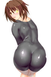 Rule 34 | 10s, 1girl, :o, ass, ass focus, blush, bodysuit, brown eyes, brown hair, from behind, furutaka (kancolle), glowing, glowing eye, hair between eyes, hair ornament, hairclip, highres, huge ass, kantai collection, kneepits, leaning forward, legs together, looking at viewer, looking back, narrow waist, nose blush, open mouth, rokushiru (muzai-p), shiny clothes, short hair, simple background, skin tight, solo, unitard, white background, wide hips, yellow eyes