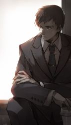 Rule 34 | 10s, 1boy, amon koutarou, backlighting, bad id, bad pixiv id, black hair, blue eyes, coffee, cross, cross necklace, crossed arms, formal, jewelry, male focus, necklace, necktie, occacia, short hair, sitting, solo, suit, tokyo ghoul