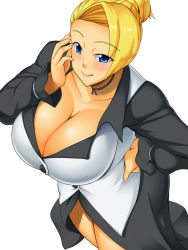 Rule 34 | 1girl, :p, blonde hair, blue eyes, blush, breasts, choker, cleavage, dress, earrings, female focus, from above, hair bun, huge breasts, jewelry, kawanuma uotsuri, licking lips, long skirt, mature (kof), no legwear, short hair, simple background, single hair bun, skirt, smile, solo, standing, the king of fighters, thighs, tongue, tongue out, white background