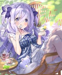 Rule 34 | 1girl, :q, absurdres, amamiya shizuku (hizuki yayoi), animal, blue bow, blue dress, blue eyes, blue hair, blurry, blurry foreground, blush, bow, breasts, chinchilla (animal), closed mouth, clover, collarbone, comiket 102, commentary request, cup, depth of field, double bun, dress, feet out of frame, frilled dress, frills, hair bow, hair bun, highres, hizuki yayoi, holding, holding cup, holding spoon, knees up, long hair, looking at viewer, medium breasts, original, plaid, plaid dress, saucer, sleeveless, sleeveless dress, smile, solo, spoon, summer, table, tongue, tongue out, two side up, very long hair, wavy mouth, white dress