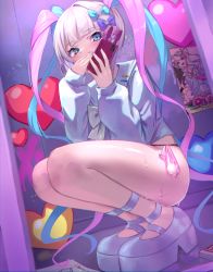 Rule 34 | 1girl, absurdres, ame-chan (needy girl overdose), black panties, blue eyes, blunt bangs, bow, cellphone, chouzetsusaikawa tenshi-chan, condom, covering own mouth, hair bow, hand over own mouth, highres, iridescent, large bow, looking at viewer, monane4, multicolored nails, multiple hair bows, nail polish, needy girl overdose, panties, phone, pin, poster (object), quad tails, smartphone, squatting, twintails, underwear, used condom