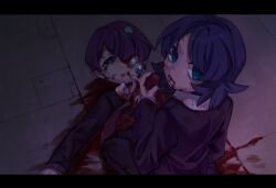 Rule 34 | 1boy, 1girl, black jacket, black pants, blood, blood on clothes, blood on face, blue eyes, blue hair, cannibalism, chinese commentary, commentary request, employee (project moon), extra eyes, extra mouth, guro, hair over one eye, heart (organ), highres, holding, intestines, jacket, letterboxed, lobotomy corporation, long sleeves, looking back, necktie, open mouth, pants, project moon, purple hair, red necktie, shirt, short hair, smile, tesna, white shirt