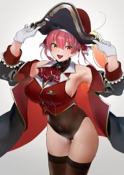 Rule 34 | 1girl, absurdres, black thighhighs, breasts, cleavage, coat, collar, gloves, hat, highres, hololive, houshou marine, jikatarou, large breasts, leotard, looking at viewer, multicolored eyes, navel, open mouth, pirate, pirate hat, red eyes, red hair, sailor collar, see-through, see-through cleavage, solo, sweat, sweatdrop, thigh gap, thighhighs, thighs, virtual youtuber, yellow eyes