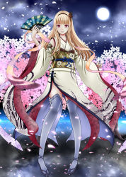 Rule 34 | 1girl, akai katana, blonde hair, blunt bangs, cherry blossoms, cloud, cloudy sky, commentary request, detached sleeves, folding fan, full moon, hair ornament, hairband, hand fan, highres, holding, japanese clothes, kimono, looking at viewer, moon, night, night sky, obi, parted lips, petals, red eyes, roshiakouji-chan, sash, shuumeigiku, sky, smile, solo, thighhighs, white thighhighs, zettai ryouiki