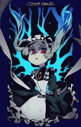 Rule 34 | 1girl, apron, bloody marie (skullgirls), blue border, border, brooch, dress, fal0811, grey hair, hair ornament, highres, jewelry, maid headdress, open mouth, red eyes, ribbon, ribs, skull hair ornament, skullgirls, solo, twintails, upper body