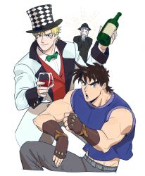 Rule 34 | 3boys, bare shoulders, battle tendency, blonde hair, bottle, bow, bowtie, brown hair, caesar anthonio zeppeli, cosplay, costume switch, cup, drinking glass, facial mark, fighting stance, fingerless gloves, formal, gloves, glowing, hakmonss, hat, holding, holding bottle, jojo no kimyou na bouken, jonathan joestar, jonathan joestar (cosplay), joseph joestar, joseph joestar (young), male focus, midriff peek, multiple boys, robert e. o. speedwagon, suit, top hat, white suit, will anthonio zeppeli, will anthonio zeppeli (cosplay), wine bottle, wine glass