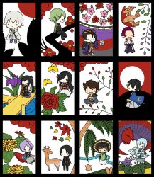 Rule 34 | &gt; &lt;, 10s, 6+boys, :&gt;, :d, bird, black hair, blue hair, brown hair, bug, butterfly, chibi, deer, closed eyes, flower, green hair, hanafuda, bug, ishikirimaru, izumi-no-kami kanesada, japanese clothes, jirou tachi, kariginu, kasen kanesada, kashiwa kiseri, kashuu kiyomitsu, kousetsu samonji, leaf, male focus, maple leaf, mikazuki munechika, multiple boys, mutsu-no-kami yoshiyuki, oil-paper umbrella, open mouth, ponytail, purple hair, red hair, smile, tarou tachi, tonbokiri (touken ranbu), touken ranbu, tsurumaru kuninaga, uguisumaru, umbrella, white hair