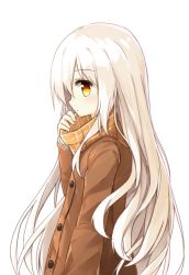 Rule 34 | 1girl, blush, brown coat, closed mouth, coat, from side, hand up, long hair, long sleeves, looking at viewer, looking to the side, orange scarf, original, plaid, plaid scarf, profile, scarf, scarf grab, simple background, solo, very long hair, white background, white hair, yellow eyes, yuuhagi (amaretto-no-natsu)