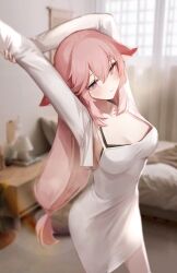 Rule 34 | 1girl, absurdres, alternate costume, animal ears, arms up, bed, black bra, blanket, blurry, blurry background, bra, bra peek, breasts, cleavage, closed mouth, contemporary, cowboy shot, cropped jacket, day, drawer, dress, floppy ears, fox ears, genshin impact, head tilt, highres, holding own arm, indoors, jacket, lamp, large breasts, long hair, long sleeves, looking at viewer, low-tied long hair, open clothes, open jacket, pencil dress, photo background, pillow, pink hair, purple eyes, revision, seorang, sideboob, sidelocks, sleeveless, sleeveless dress, solo, stretching, table, underwear, very long hair, white dress, white jacket, window, yae miko