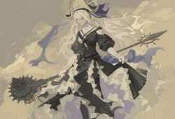 Rule 34 | 1girl, 64061, arknights, black dress, circular saw, clothing cutout, commentary, dress, floating hair, frilled skirt, frills, grey hair, half-closed eyes, hat, highres, holding, holding weapon, long hair, long skirt, long sleeves, looking down, red eyes, saw, shoulder cutout, skirt, skirt hold, solo, specter (arknights), specter the unchained (arknights), weapon, white hair