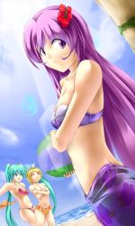 Rule 34 | 3girls, :d, aqua eyes, aqua hair, bad id, bad pixiv id, ball, bare arms, bare legs, bare shoulders, beach, beachball, bikini, bikini skirt, blonde hair, blush, breasts, cleavage, covering privates, covering breasts, day, dutch angle, female focus, floral print, flower, hair flower, hair ornament, hatsune miku, hibiscus, highres, kagamine rin, kumarisu, legs, lens flare, long hair, looking at another, looking at viewer, looking back, megurine luka, midriff, multiple girls, open mouth, orange bikini, parted lips, purple eyes, purple hair, red bikini, sarong, short hair, smile, standing, strapless, strapless bikini, sunlight, swimsuit, topfreedom, topless, twintails, unworn bikini, unworn bikini top, vocaloid, yellow eyes