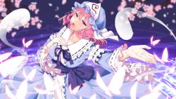 Rule 34 | 1girl, absurdres, blue hat, blue kimono, blue ribbon, blurry, blurry background, breasts, bug, butterfly, cherry blossoms, colored eyelashes, frilled kimono, frilled shirt collar, frilled sleeves, frills, glowing butterfly, hair between eyes, hat, highres, hitodama, hizuki higure, insect, japanese clothes, kimono, large breasts, long sleeves, looking at viewer, mob cap, music, obi, petals, pink hair, purple eyes, ribbon, ribbon-trimmed collar, ribbon-trimmed sleeves, ribbon trim, ripples, saigyouji yuyuko, sash, short hair, singing, solo, touhou, triangular headpiece, veil, wading, water, wide sleeves, wind