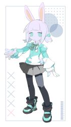 Rule 34 | 1girl, absurdres, animal ears, barcode, blue eyes, blunt bangs, blush stickers, boots, bow, bowtie, cardigan, cheri zao, collared shirt, full body, highres, juliet sleeves, long sleeves, looking at viewer, low twintails, original, pantyhose, puffy sleeves, rabbit ears, rabbit girl, shirt, skirt, solo, twintails, white hair