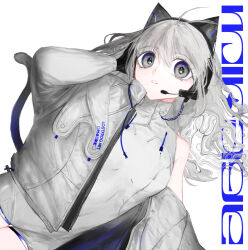 Rule 34 | 1girl, album cover, album name, animal ear headphones, animal ears, antenna hair, bodysuit, cat ear headphones, commentary, cover, distortion, dutch angle, english commentary, fake animal ears, fcx4l, grey bodysuit, grey eyes, grey hair, grey jacket, hand on headphones, hand up, head tilt, headphones, headset, highres, jacket, long hair, off shoulder, open clothes, open jacket, original, parted lips, second-party source, simple background, sleeveless, sleeveless bodysuit, solo, turtleneck, white background