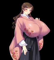 Rule 34 | 1girl, black background, breasts, brown hair, gigantic breasts, highres, japanese clothes, kimono, kouno sayuki, solo, takahashi record