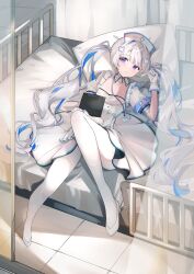 Rule 34 | 1girl, absurdres, amane kanata, amane kanata (nurse), bed, blue hair, clipboard, colored inner hair, dress, eme (emeralda), flat chest, gloves, grey hair, hair ornament, hat, high heels, highres, holding, holding clipboard, hololive, id card, long hair, looking at viewer, lying, multicolored hair, nurse, nurse cap, on back, on bed, pantyhose, pillow, purple eyes, solo, twintails, very long hair, virtual youtuber, white gloves, white pantyhose