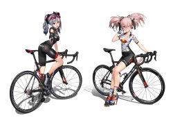 Rule 34 | 2girls, :d, ass, bicycle, bike jersey, black gloves, blush, bow, breasts, drill hair, eyewear on head, fingerless gloves, full body, gloves, hair bow, high heels, highres, hitomi kazuya, idolmaster, idolmaster cinderella girls, jougasaki mika, kanzaki ranko, looking at viewer, medium breasts, multiple girls, one eye closed, open mouth, pink hair, red eyes, shoes, silver hair, simple background, sitting, smile, sunglasses, twin drills, twintails, v, v over eye, white background, yellow eyes