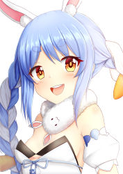 Rule 34 | 1girl, :d, animal ear fluff, animal ears, black leotard, blue hair, blush, braid, brown eyes, carrot hair ornament, commentary, commentary request, detached sleeves, don-chan (usada pekora), dress, english commentary, food-themed hair ornament, hair ornament, highres, hololive, leotard, long hair, looking at viewer, multicolored hair, open mouth, prophosphere, puffy short sleeves, puffy sleeves, rabbit ears, short eyebrows, short sleeves, simple background, smile, strapless, strapless dress, strapless leotard, teeth, thick eyebrows, twin braids, twintails, two-tone hair, upper body, upper teeth only, usada pekora, usada pekora (1st costume), virtual youtuber, white background, white dress, white hair, white sleeves