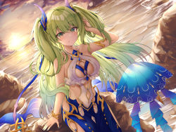 Rule 34 | 1girl, absurdres, arm up, bare shoulders, blue nails, blue skirt, blue sky, breasts, cleavage, closed mouth, cloud, cloudy sky, collarbone, commentary request, gr greeze, green eyes, green hair, hair between eyes, hand in own hair, highres, honkai (series), honkai impact 3rd, horizon, horns, long hair, looking at viewer, medium breasts, mobius (daughter of corals) (honkai impact), mobius (honkai impact), nail polish, ocean, outdoors, skirt, sky, smile, solo, splashing, sun, sunset, twintails, two side up, very long hair, water