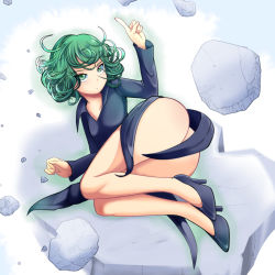 Rule 34 | 1girl, black dress, blue background, bottomless, closed mouth, convenient censoring, curly hair, dress, flat chest, glowing, green eyes, green hair, heels, high heels, highres, looking at viewer, lying, mikado ryouma, no panties, one-punch man, raised arm, rock, short hair, simple background, solo, tatsumaki, telekinesis, thick thighs, thighs, white background, wide hips
