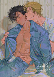 2020 2boys abs absurdres ash_lynx banana_fish bed_sheet belt bishounen biting biting_ear black_hair blonde_hair couple dark-skinned_male dark_skin dated denim denim_shirt grey_shirt hand_on_another&#039;s_stomach highres interracial jeans koyasuyasuko12 light_blush male_focus multiple_boys muscular muscular_male nipples okumura_eiji open_clothes open_fly open_shirt opening_another&#039;s_clothes pants shirt signature sitting t-shirt unbuttoned undressing_another wooden_wall yaoi