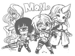 Rule 34 | 10s, 4girls, absurdly long hair, ahoge, ass, black hair, blood, blush, breasts, breasts out, bullet hole, bulletproof vest, chibi, cyclops, doppel (monster musume), doppelganger, dual wielding, fang, greyscale, gun, heterochromia, holding, horns, knee pads, large breasts, long hair, manako, medium breasts, monochrome, monster girl, monster musume no iru nichijou, multiple girls, no nipples, nude, one-eyed, one eye closed, oni, open clothes, prehensile hair, rifle, scar, shake-o, sharp teeth, single horn, sketch, smile, sniper rifle, stitches, submachine gun, tears, teeth, tionishia, uniform, v, very long hair, weapon, zombie, zombina (monster musume)
