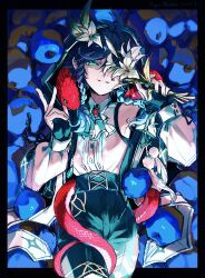 1boy absurdres animal apple aqua_eyes aqua_hair ascot black_border blue_apple border braid cowboy_shot flower food fruit gem genshin_impact gradient_hair hair_flower hair_ornament high-waist_pants highres holding holding_flower hood hood_up lily_(flower) long_sleeves magicrabbit49586 male_focus multicolored_hair one_eye_covered outside_border pants parted_lips red_gemstone red_snake shirt snake solo standing trap twin_braids venti_(genshin_impact) white_ascot white_flower white_shirt