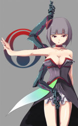 Rule 34 | 1girl, bare shoulders, black dress, blunt bangs, breasts, cleavage, collarbone, cowboy shot, dress, hong meiling, johnny funamushi, large breasts, legs apart, looking at viewer, original, outstretched arm, silver hair, solo, standing, strapless, strapless dress