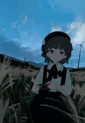 Rule 34 | 1girl, absurdres, beret, black hat, black ribbon, black skirt, blue sky, brown hair, camera, city lights, closed mouth, cloud, cloudy sky, collared shirt, dot mouth, expressionless, field, flower, grass, hat, hat flower, hatoba tsugu, highres, holding, holding camera, long sleeves, looking at viewer, mole, mole under eye, mountainous horizon, neck ribbon, orval, outdoors, ribbon, shirt, single hair ring, skirt, sky, solo, suspender skirt, suspenders, tall grass, transmission tower, tsugu (vtuber), virtual youtuber, white flower, white shirt, wind turbine, windmill