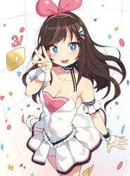 Rule 34 | 1girl, :d, arm garter, bare shoulders, blue eyes, breasts, brown hair, choker, cleavage, cloba, collarbone, commentary request, cowboy shot, dress, frilled choker, frills, hair ornament, hairband, highres, kizuna ai, kizuna ai (anniversary), kizuna ai inc., long hair, looking at viewer, medium breasts, multicolored hair, open mouth, play button, signature, smile, solo, standing, streaked hair, virtual youtuber, w, white dress, youtube creator award