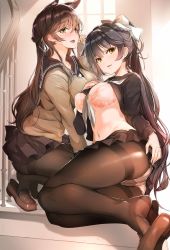 Rule 34 | 2girls, animal ears, ass, atago (azur lane), atago (school traumerei) (azur lane), azur lane, black serafuku, blurry, blurry background, blush, bow, bra, breasts, brown footwear, brown hair, brown legwear, clothes lift, feet, full body, hair bow, hair flaps, hair ornament, hand on own chest, highres, indoors, large breasts, lifting own clothes, loafers, long hair, looking at viewer, mole, mole under eye, multiple girls, navel, neckerchief, nylon (nylon 100%), open mouth, panties, panties under pantyhose, pantyhose, pink bra, pleated skirt, ponytail, purple hair, ribbon, sailor collar, school uniform, serafuku, shirt lift, shoes, single shoe, sitting, skirt, sleeves past wrists, smile, soles, squatting, stairs, sweater, swept bangs, takao (azur lane), takao (school romanza) (azur lane), thighband pantyhose, underwear, upskirt, white bow, white panties, white ribbon, window, yellow eyes, yokozuwari