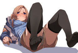 Rule 34 | 1girl, :3, arm support, beige shorts, black thighhighs, blonde hair, blue eyes, blue jacket, blue shirt, blush, breasts, closed mouth, drawstring, ear blush, embarrassed, feet, film grain, from below, from side, fu-ta, full-face blush, full body, furrowed brow, groin, highres, jacket, knees up, long hair, long sleeves, looking at viewer, looking down, low twintails, m legs, medium breasts, narrowed eyes, no shoes, off shoulder, open clothes, open jacket, original, panties, panties under shorts, pantyshot, parted bangs, perspective, shadow, shirt, short eyebrows, shorts, simple background, sleeves past wrists, soles, solo, split mouth, spread legs, star (symbol), star print, striped clothes, striped shirt, sweat, thighhighs, thighs, toe scrunch, twintails, underwear, upshorts, white background, white panties