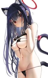 Rule 34 | 1girl, animal ears, bikini, black bikini, black gloves, black hair, blue archive, blush, breasts, cat ears, cat tail, closed mouth, commentary, cowboy shot, gloves, groin, hair ornament, hairclip, halo, highres, justice task force member (blue archive), large breasts, long hair, micro bikini, navel, nidaime (doronbo), red eyes, red halo, simple background, solo, swimsuit, symbol-only commentary, tail, white background