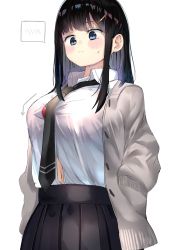 Rule 34 | 1girl, absurdres, arrow (symbol), black hair, black necktie, black skirt, blue eyes, blush, bra, breasts, button gap, closed mouth, collared shirt, commentary request, dress shirt, grey jacket, hair ornament, hairclip, hands in pockets, highres, jacket, large breasts, long hair, navel, necktie, open clothes, open jacket, original, pleated skirt, ranf, red bra, shirt, simple background, skirt, solo, spoken blush, sweat, underwear, white background, white shirt