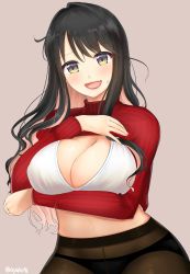 Rule 34 | 1girl, :d, alternate costume, ayuko91, black hair, black pantyhose, blush, bra, breasts, breasts out, fang, highres, kantai collection, long hair, long sleeves, looking at viewer, midriff, multicolored hair, naganami (kancolle), one-hour drawing challenge, open mouth, pantyhose, pink background, pink hair, red sweater, ribbed sweater, simple background, smile, solo, sweater, twitter username, underwear, wavy hair, white bra
