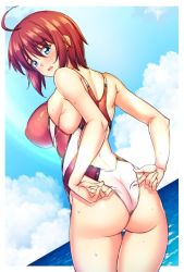 Rule 34 | 1girl, adjusting clothes, adjusting swimsuit, ass, back cutout, bad id, bad pixiv id, blue eyes, blue sky, blush, border, breasts, clothing cutout, cloud, cloudy sky, competition swimsuit, cowboy shot, day, dutch angle, eyes visible through hair, from behind, frown, gundam, gundam seed, gundam seed destiny, half-closed eyes, horizon, large breasts, looking at viewer, looking back, lunamaria hawke, ocean, one-piece swimsuit, open mouth, outside border, red hair, red one-piece swimsuit, shirokuma a, short hair, skindentation, sky, solo, standing, swimsuit, thigh gap, wet, white border