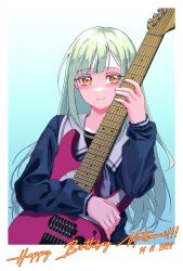 Rule 34 | 1girl, absurdres, bang dream!, bang dream! it&#039;s mygo!!!!!, blue background, blue shirt, blush, closed mouth, commentary request, cursive, dated, electric guitar, gradient background, green hair, guitar, happy birthday, highres, holding, holding guitar, holding instrument, ichi (bttrfl1es), instrument, long hair, looking at viewer, sailor collar, school uniform, shirt, smile, solo, tsukinomori school uniform, upper body, wakaba mutsumi, white sailor collar, yellow eyes